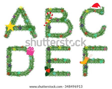 ABCDEF, vector christmas tree font decorated with icon about christmas ...