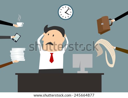 Cartoon busy sad businessman character in flat style with hands on head ...