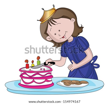 Vector illustration of cute girl cutting the cake. - stock vector