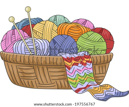 Illustration of a Wicker Basket Full of Knitting Materials - stock vector