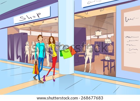 Couple Shopping Man and Woman Walking with Bags in Modern Luxury Shop ...