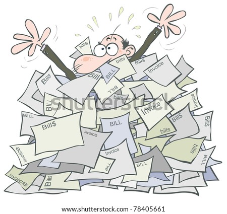 Cartoon man covered up by bills. - stock vector