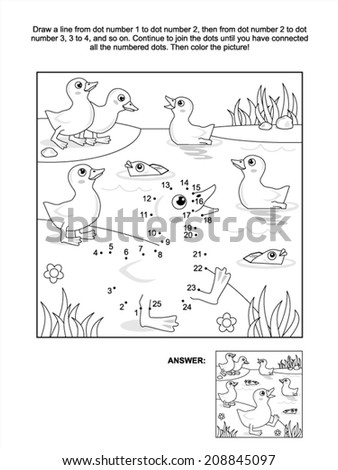 Connect the dots picture puzzle and coloring page with ducklings and ...