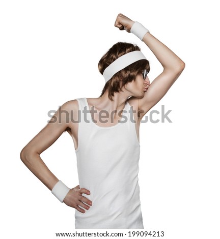 Funny retro macho nerd kissing his biceps isolated on white background ...