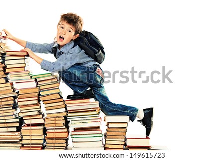 A boy climbing the stairs of books. Education. Isolated over white ...