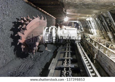 Longwall Mining: Shearer, with two rotating cutting drums and movable ...